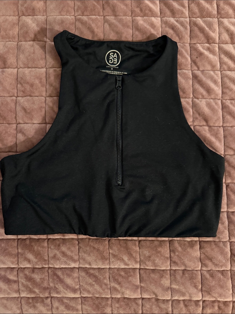 Sage Collective Black Zip-Front Cropped Athletic Tank